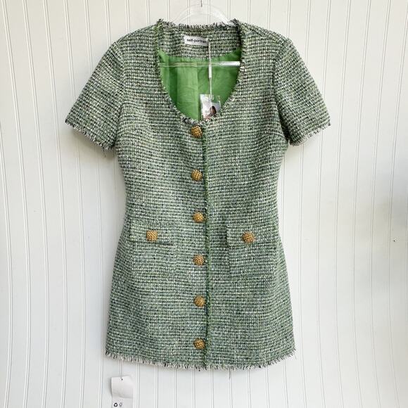 Self-Portrait Tweed Mini Dress Green Boucle Short Sleeve Button Front 10 NWT - Picture 12 of 12